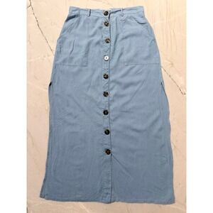 Urban Outfitters Blue Button Front Midi Skirt High Waist Pockets Slit Light Blue